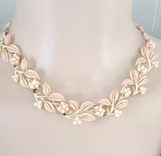 Vintage Coro Pegasus pink peach enamel flower link choker Necklace RARE