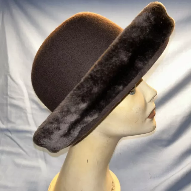 Vintage Betmar New York 100% Wool Felt Sabel Brown Faux Fur Trim Hat w Tags