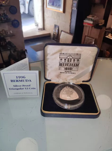 1996 Bermuda $3 Silver Proof Triangle Coin Elizabeth II W/ Box & COA KM#92