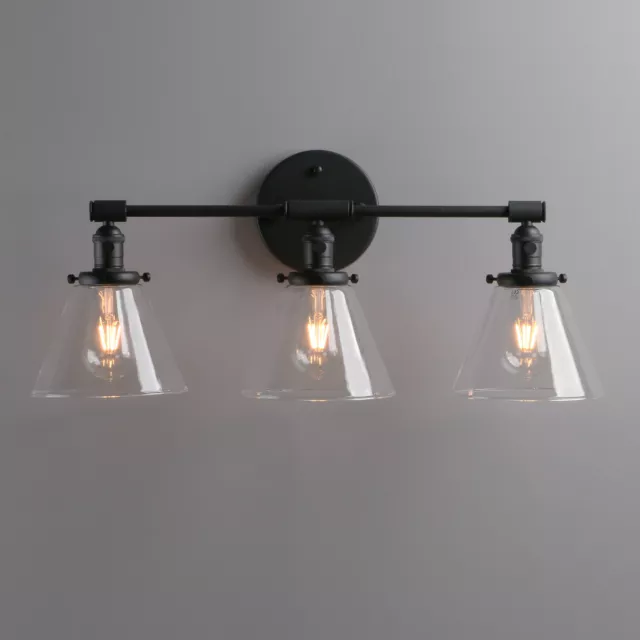 Pathson Vintage Industrial Triple Arm Wall Lamp Clear Glass Funnel Sconce Light 3