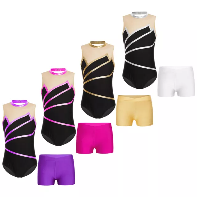 Kids Girls Leotard And Shorts Activewear Bodysuit Sweatsuit Gymnastics Gym Set