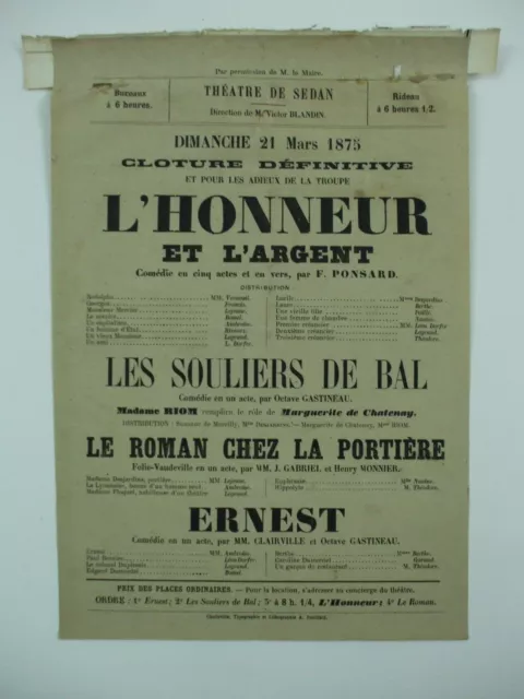 affiche théâtre sedan l'honneur et l'argent ponsard souliers de bal ernest 1875