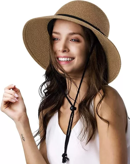 Womens Wide Brim Sun Hat with Wind Lanyard UPF Summer Straw Sun Hats M-L SIZE