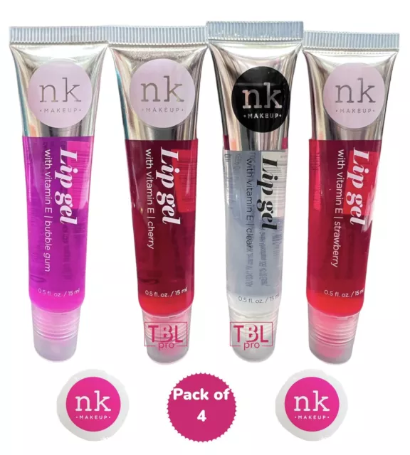 NK Lip Gloss Gel Bubblegum/cherry/strawberry/clear Lipgloss VitaminE (Pack of 4)