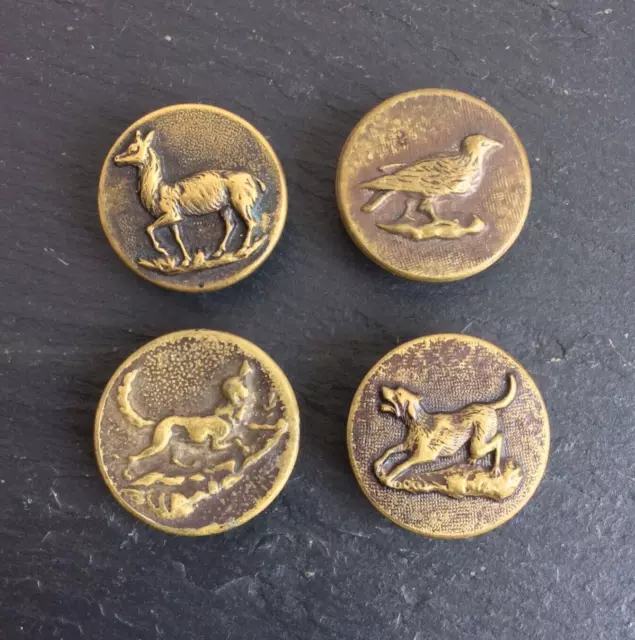 4 Anciens Boutons de Livrée Chasseur Chevreuil Perdix Chiens 25mm Chase Vénerie