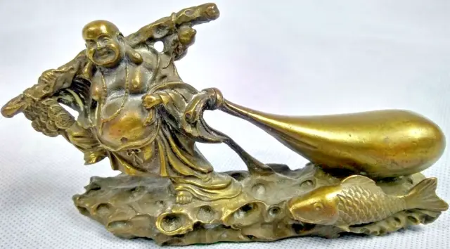 Happy Buddha With Carp Fish and Golden Bag Solid Brass Decorative Figurine