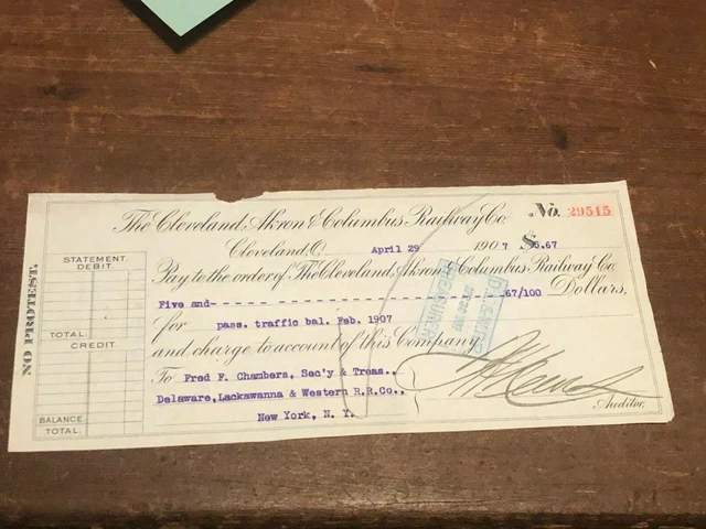 1907 Vintage Chicago IL Railroad Bank Check Cleveland, Akron & Columbus Railway!