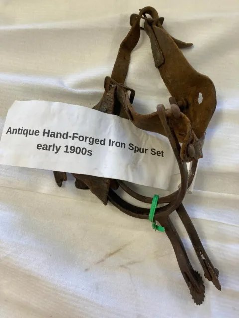 Antique American early 1900s 7" Hand Forged  Iron Horse Spurs w Leather Backing