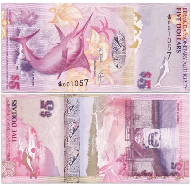 Bermuda 5 Dollars, 2009, P-58a First Prefix Hybrid Polymer, QEII UNC Blue Marlin