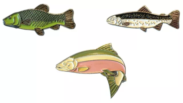 Trout Tench & Salmon Freshwater Game Fish Angling Pin Angler Enamel Badges NEW