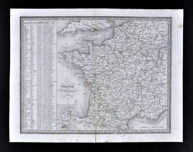 1839 Monin Map France in Departments Paris Corsica Le Havre Tours Bordeaux Lyon