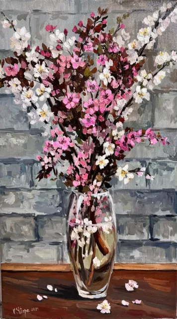 Original Oil Painting Flowers Blooming blossom apricot branche Still Life Art