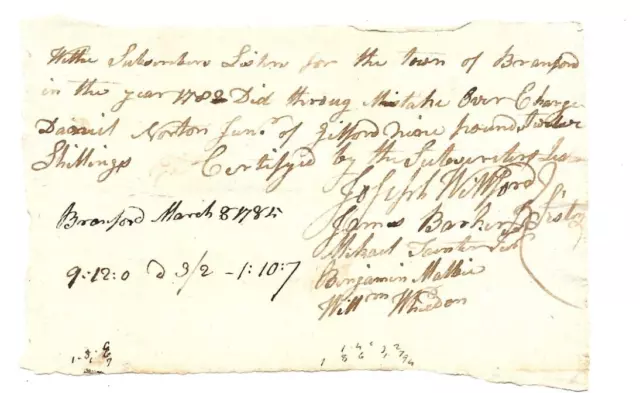 Revolutionary War 1785 Signed Tax Document From Branford Connecticut Leaders