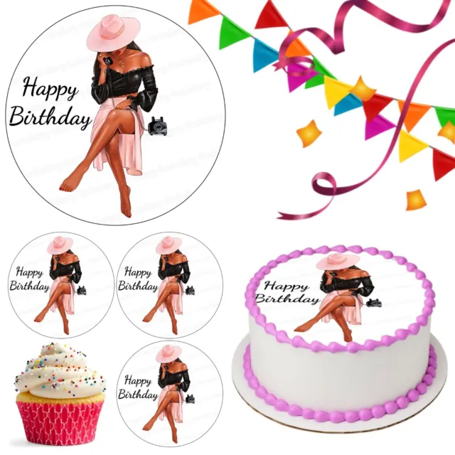 Happy Birthday Woman Cake Topper Party Decoration Edible Celebration Cupcake