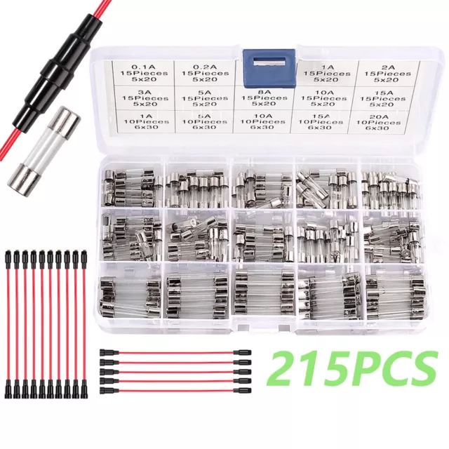 200Stk Assorted Glass Fuses Quick Blow Fast Acting Tube 5x20mm 6x30mm Box Fuse