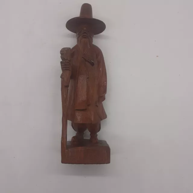 Vtg Wood Carved Figure Wise Old man Walking Staff  Oriental Chinese 8½" Tall