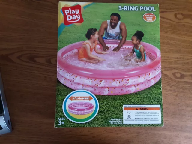 Play Day 3 Ring Inflatable Play Kids Swimming Pool Pink With Unicorns