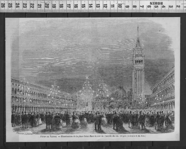 G319 / Engraving 1873 / Feast Of Venise Illumination Of St. Mark's Square