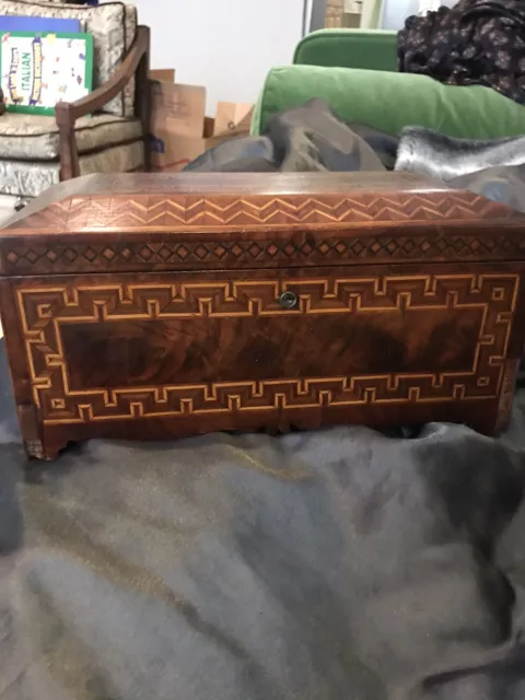 English Mid 19th Tunbridge Inlaid Burl Walnut Sewing Tea Box Large Sarcophagus