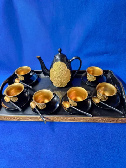 Vintage Chinese Gilt Lacquered Papier Mache Tea Set & Tray Very Impressive