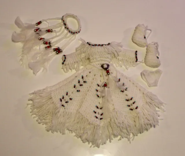 Vintage Hand Crocheted Doll Clothes - Native Wedding Dress, Veil, Boots, Undies