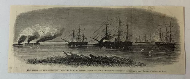 1861 magazine engraving~ Civil War Naval Battle 'MANASSAS' ATTACKING 'RICHMOND'