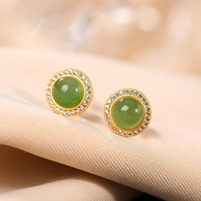Gold Over 925 Sterling Silver With Natural Green Jade Round Stud Earrings