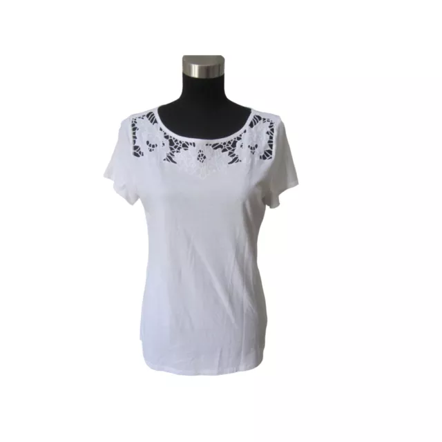 ANN TAYLOR White Short Sleeve T-Shirt w/ Cutwork Lace Detailing Sz L