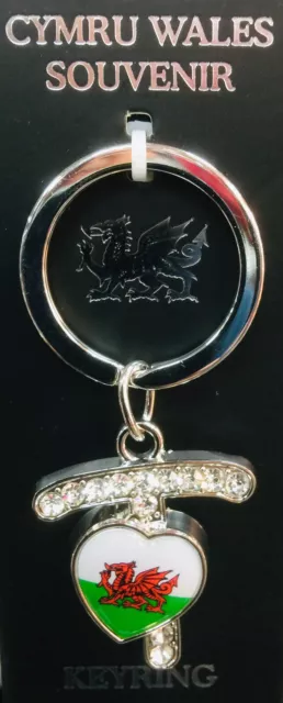 Welsh letter “T” keyring Wales Flag dragon First Last Name Initials Diamanté