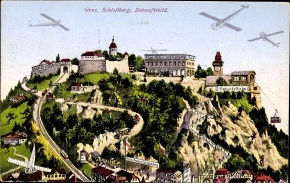 Ak Graz Steiermark, Schlossberg, Zukunftsbild, Seilbahn,... - 10877650