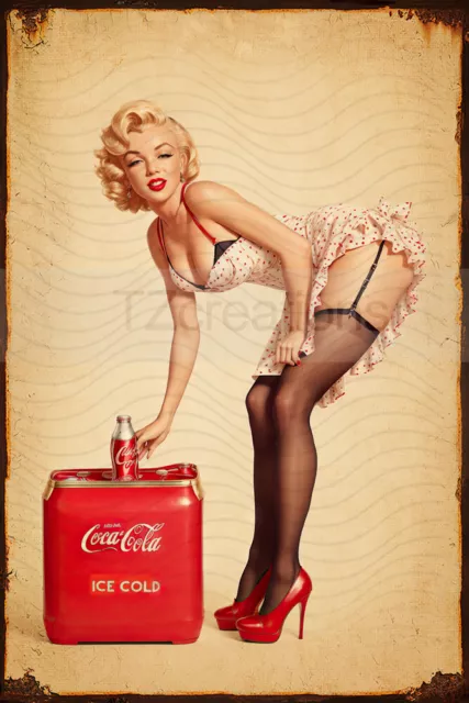 sexy illustrazione Marilyn Monroe vintage pin-up coca cola latta metallo stampa targa