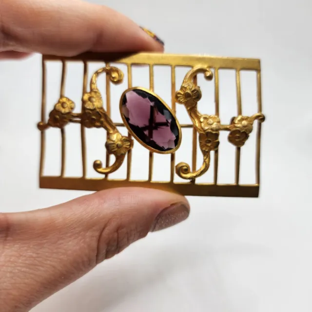 Antique Victorian Art Nouveau Amethyst Purple Glass Gilt Brass Sash Pin Unique 3