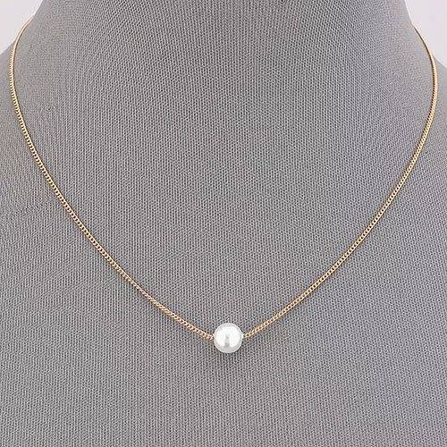 Dainty One Pearl Choker Necklace Silver Gold Chain Minimal Simple 1 Single  Slide