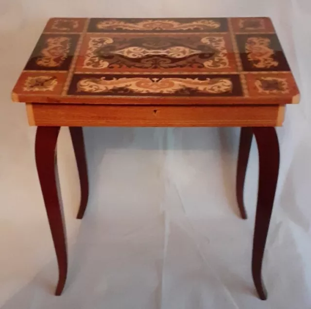 Vintage Italian Wooden Inlaid Design  Musical/ Jewellery Box Side Table 42cm H