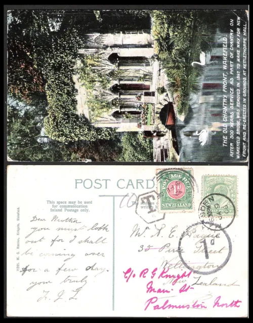 NEW ZEALAND 1908 POSTCARD MARSDEN TO PALMERSTON NORTH; 1d DUE (JF-F)