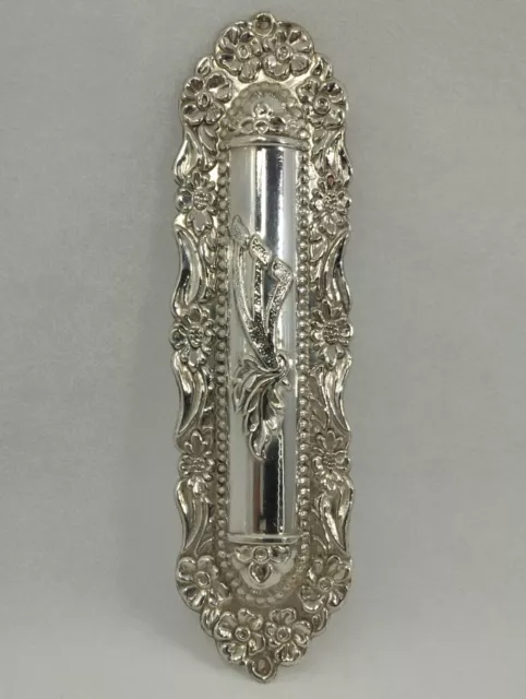 Judaica Mezuzah Case Floral Decorated Silver 925