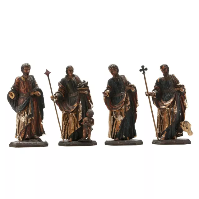 Antique Figures, Carved Wood, Four, Santos with French Wall Niches from a Chapel