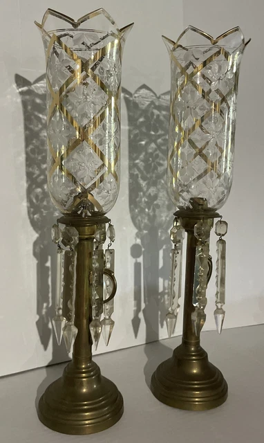 Pair of Antique Brass Candelabra Candle Stands w/ Crystal Prisms Russian 20.5"