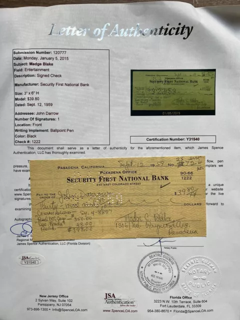 *Rare* MADGE BLAKE Signed BANK CHECK! *JSA COA* Batman 'Aunt Harriet' Autograph