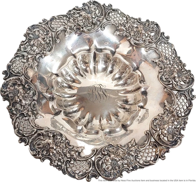 Art Nouveau Sterling Silver Repousse Monogrammed Floral Centerpiece Bowl 9.3 OZT