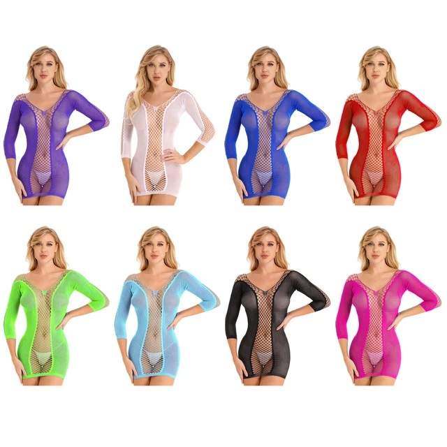 Womens See-through Mini Dress Bodycon 3/4 Sleeve Fishnet  Skirt Pencil Clubwear