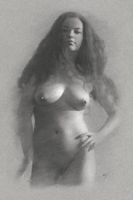 Female Nude Original Drawing Charcoal Chalk Fine Art Naked Woman Girl
