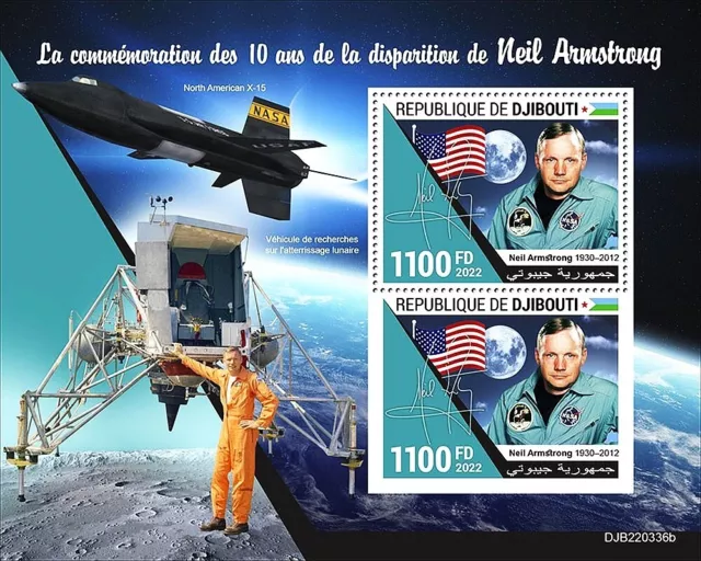 NEIL ARMSTRONG 1930-2012 NASA Astronaut Moon Space Stamp Sheet #2 2022 Djibouti
