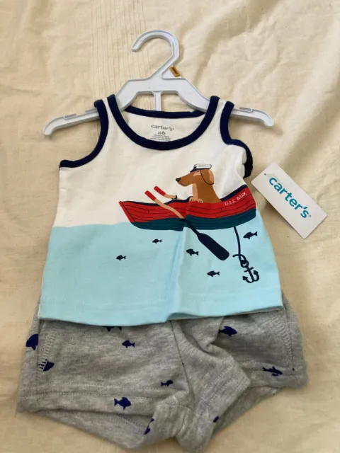 Carters baby boy newborn 2 piece dog/boat knit short outfit NWT