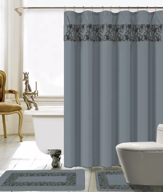 15 Piece Lilian Embroidery Banded Shower Curtain Bath Set (Gray )