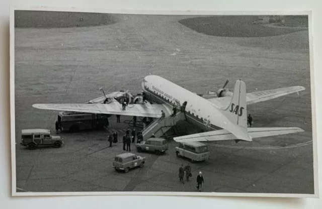 1959 3x5 B&W Photo London Airport SAS Scandinavian Airlines DC6 airplane vehicle