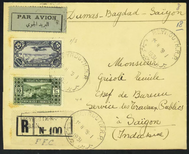 Lebanon 1931 Registered Beyrouth On First Flight Cover