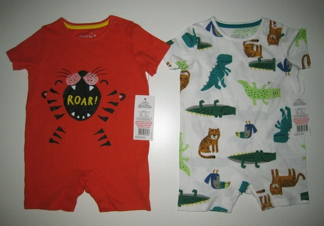 BNWT F&F BABY BOYS 2 x DINOSAUR TIGER ROMPER OUTFIT SET BUNDLE LOT - 3-6 MONTHS