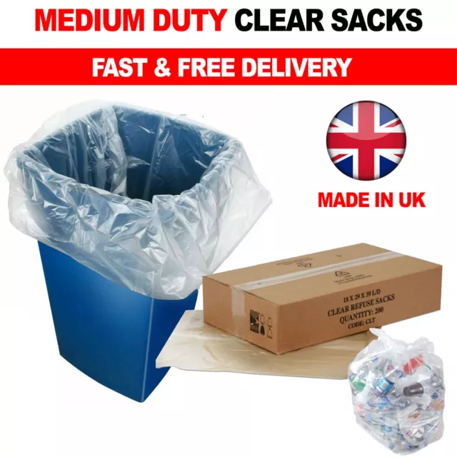 100 X Clear Refuse Sacks 140G Large Bin Liners Rubbish Waste Recycling Bags 90L