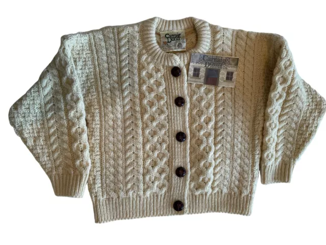 Carraig Donn Irish Wool Fisherman Cream Cardigan Sweater Kids Sz M Aran Cable